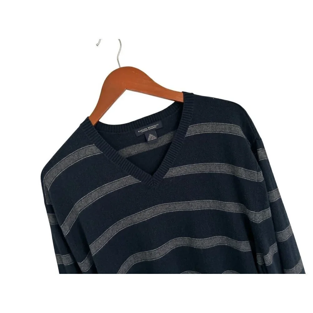 Banana Republic Cotton Cashmere V-Neck Sweater Blue Stripes Size XLarge